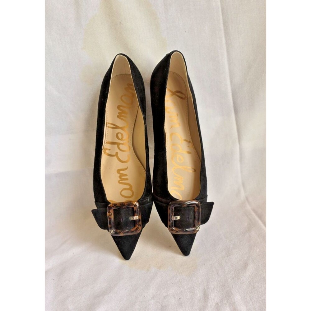 Sam Edelman Sonja Black Suede Pointed Toe Tortoise Shel Buckle Flat Shoes Sz8 NW